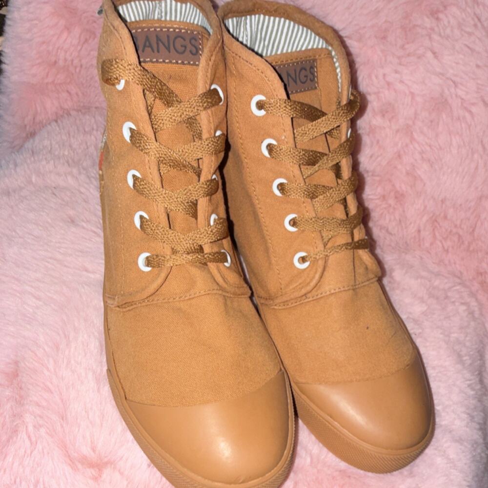BANGS Tan High Top Canvas Lace Up Men's Embroidered Casual Shoes